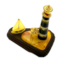Amber souvenir on a wooden stand «Lighthouse and Ship»