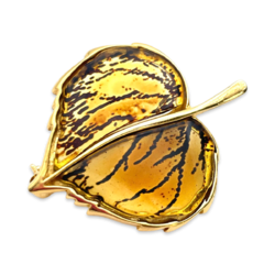 Gold-plated amber brooch pendant Leaf