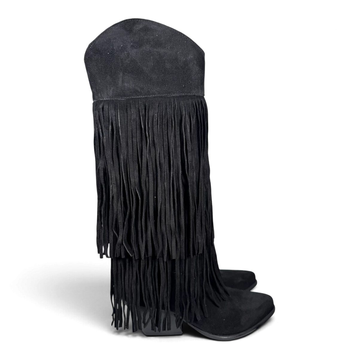 Fryda Botas Cowboy/Biker de Ante Negro con Flecos