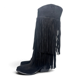 Fryda Botas Cowboy/Biker de Ante Negro con Flecos
