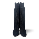 Fryda Botas Cowboy/Biker de Ante Negro con Flecos