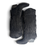 Fryda Botas Cowboy/Biker de Ante Negro con Flecos