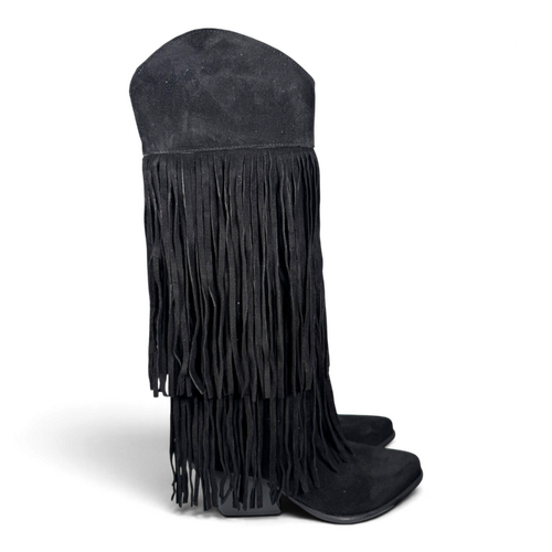 Fryda Black Suede Cowboy/Biker Boots with Fringe