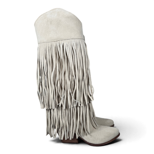 Fryda Ivory Suede Cowboy/Biker Boots with Fringe