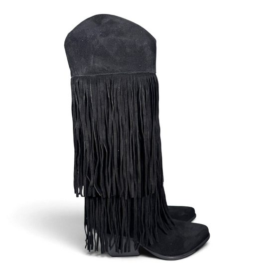 Fryda Botas Cowboy/Biker de Ante Negro con Flecos