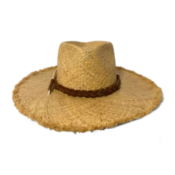 Chapeau en raphia naturel avec bande en daim et plume