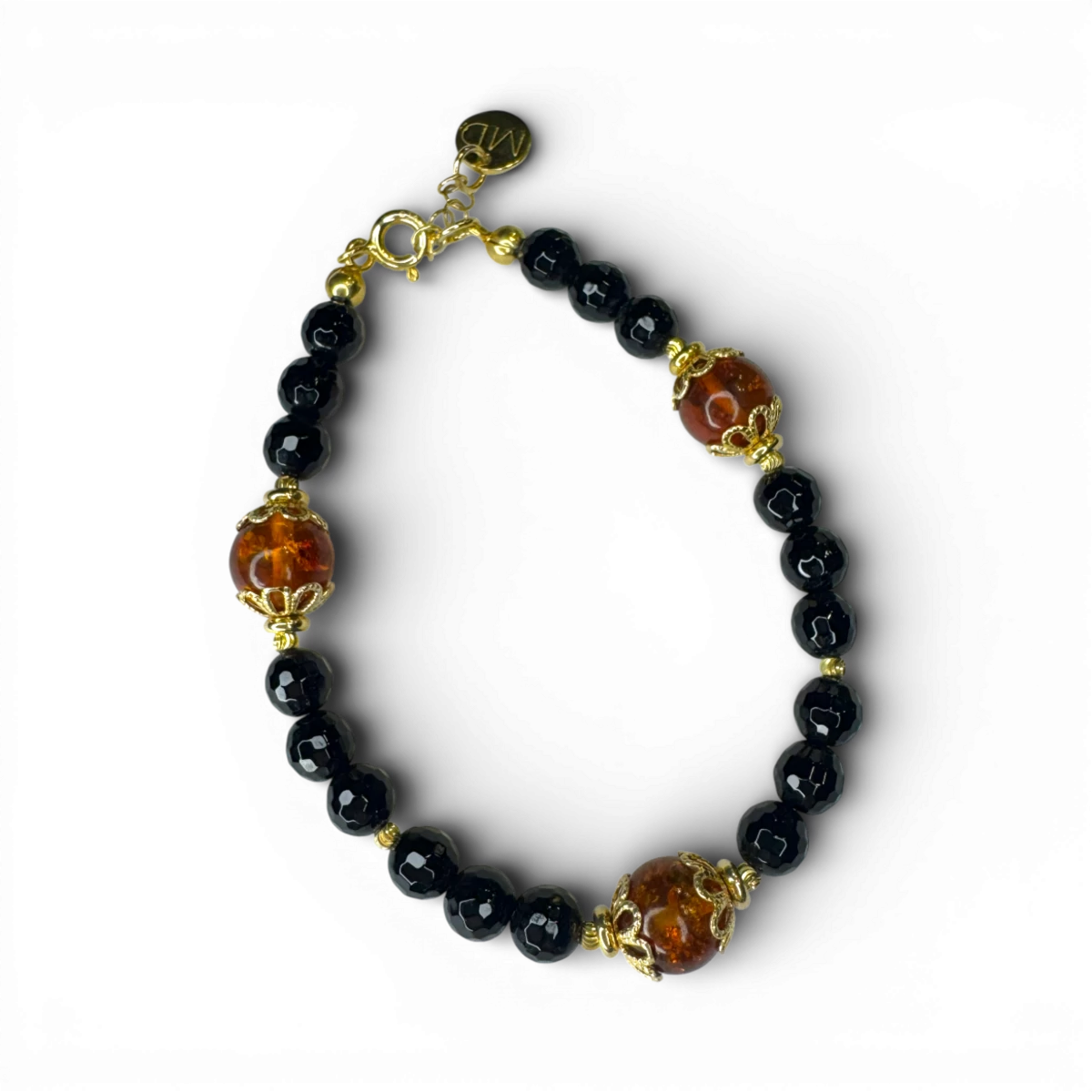 Bracelet en agate noire, miel ambré