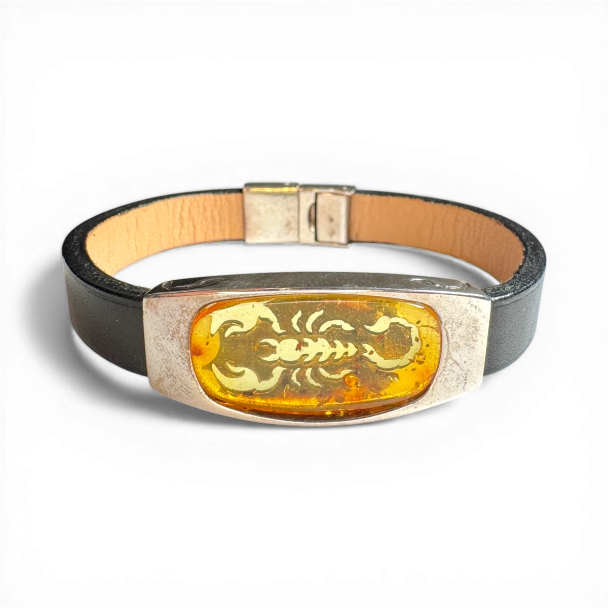 Black Leather Bracelet with Scorpion in Amber