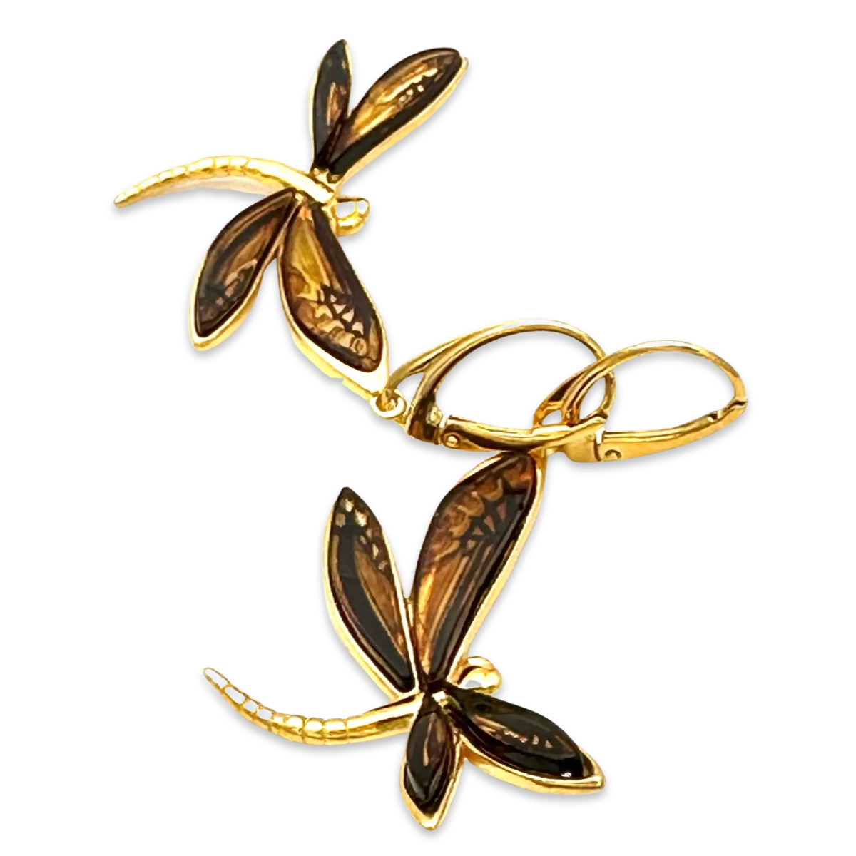Gold-plattierte Bernstein-Ohrringe Libelle