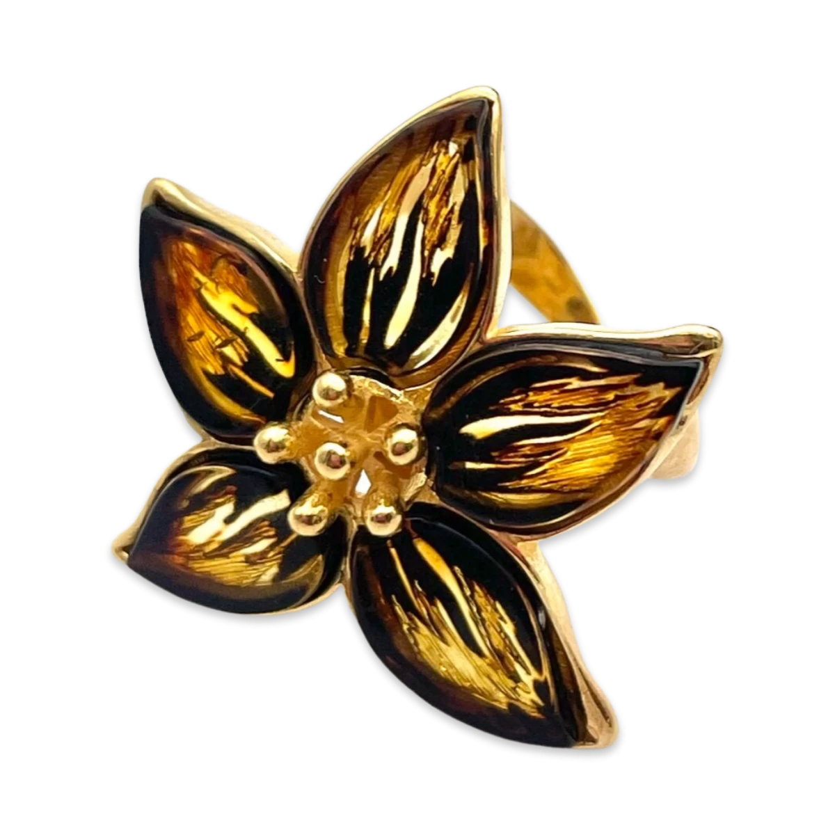 Mit Blume verzierte goldene Bernsteinring