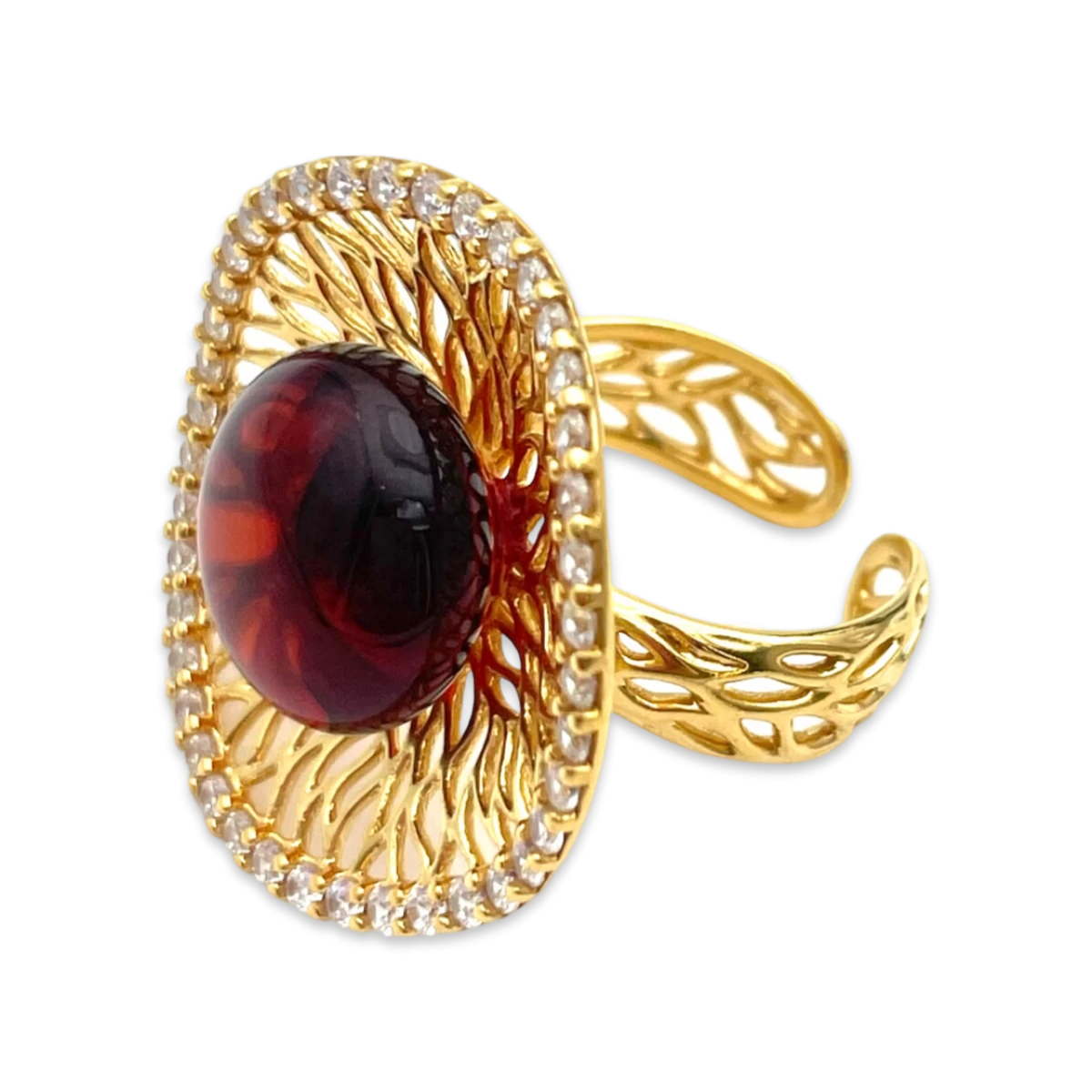 Bague plaquée or avec ambre et zircons