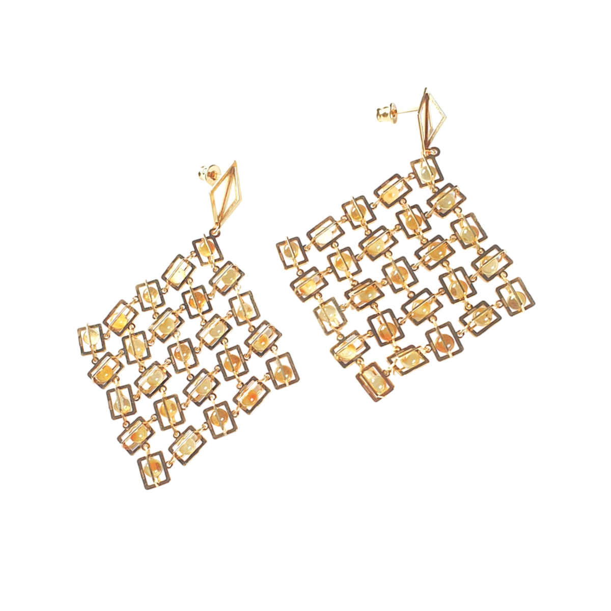 Gold plated silver amber earrings Rhombuses
