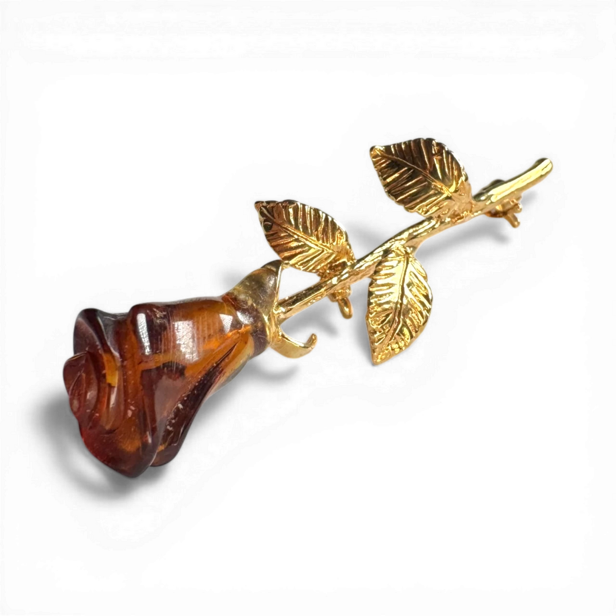 Gold-Plated Silver Brooch with Cognac Amber Rose
