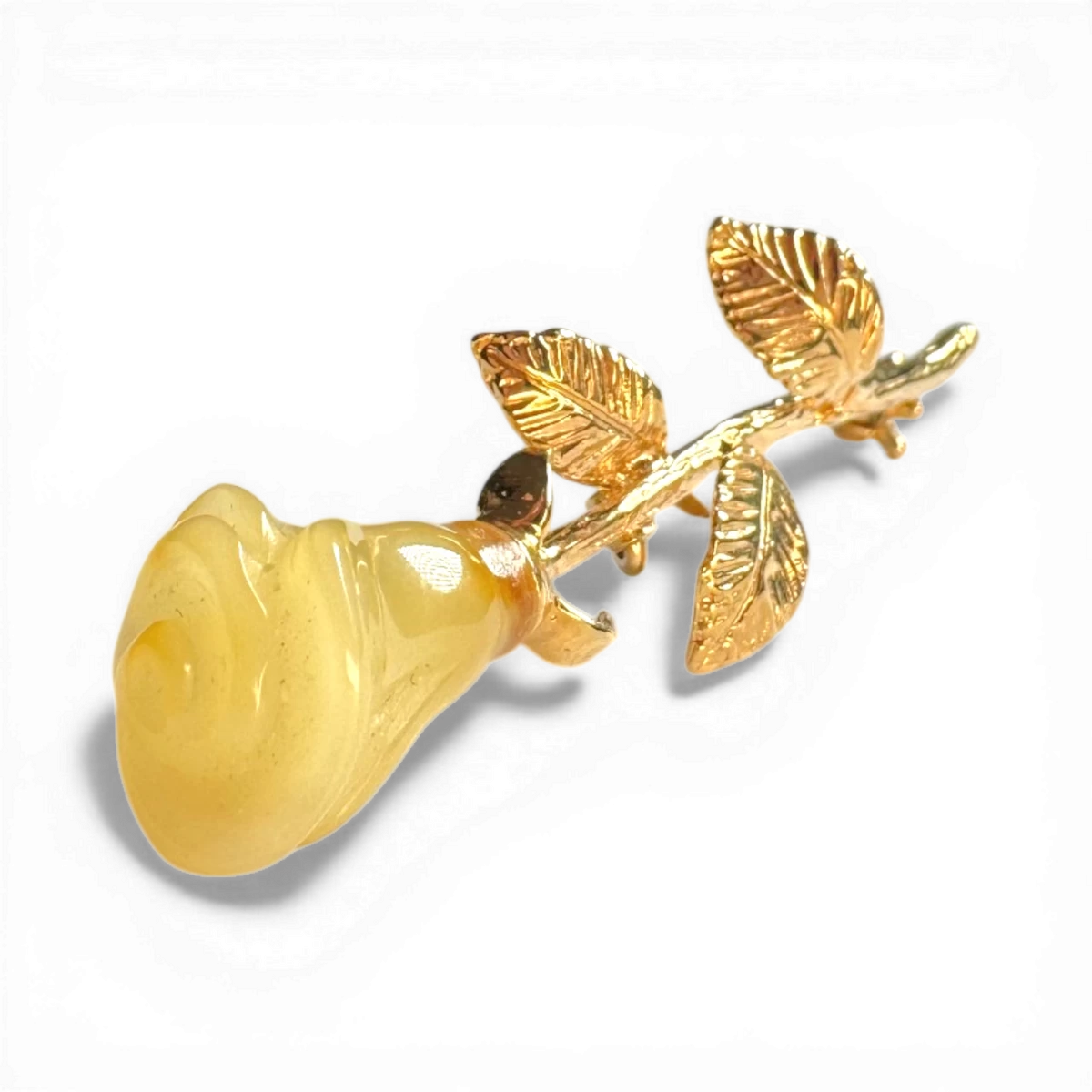 Gold-Plated Silver Brooch with Yellow Amber Rose