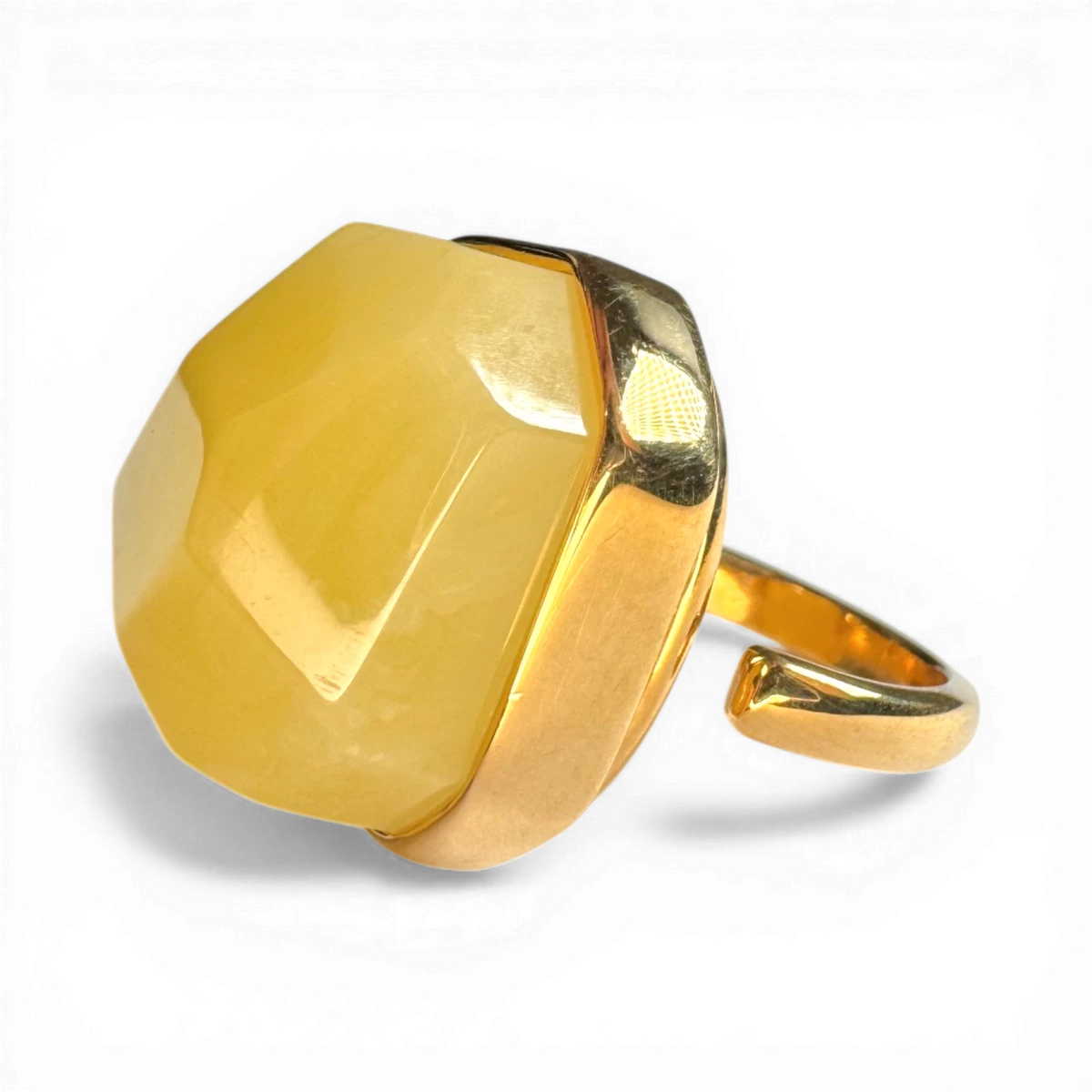 Gold-Plated Silver Ring with Large Yellow Amber (Adjustable)
