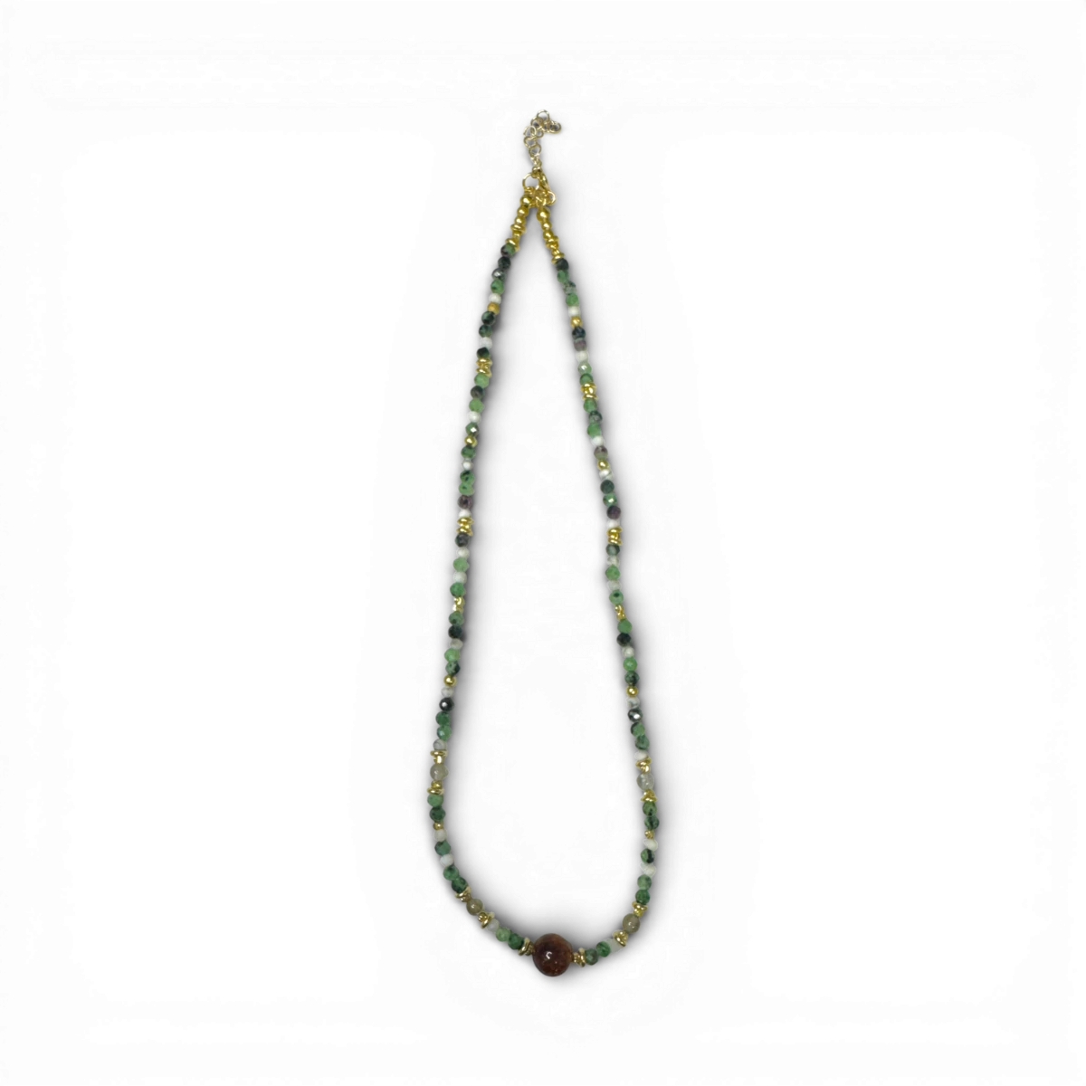 Necklace with amber honey, labradorite, zoisite ruby and howlite