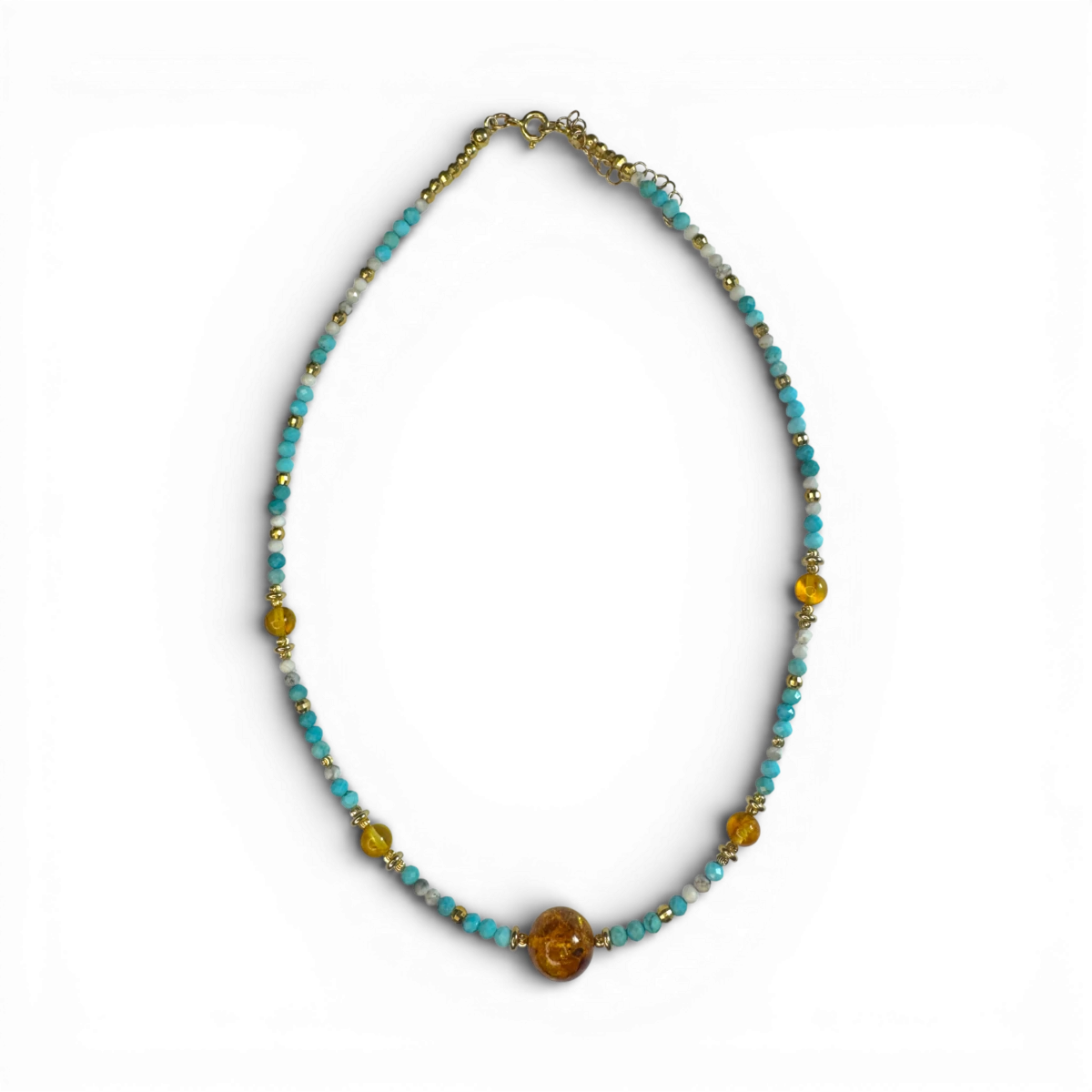 Necklace with amber lemon, howlite and turquoise