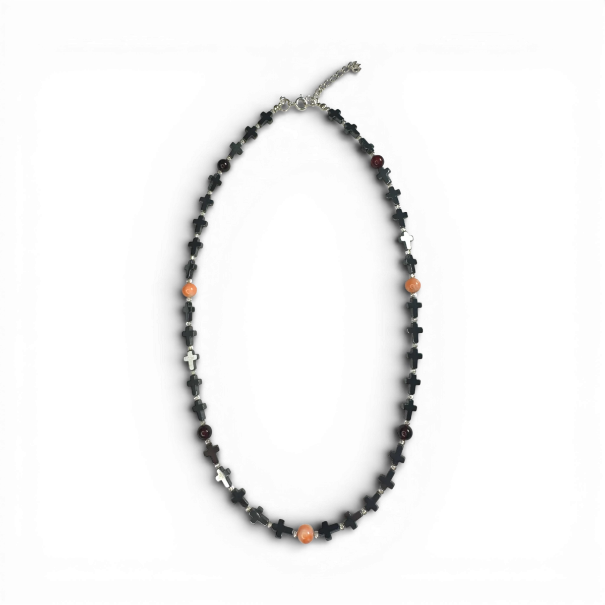 Collier avec corail rose, ambre cerise et hématite