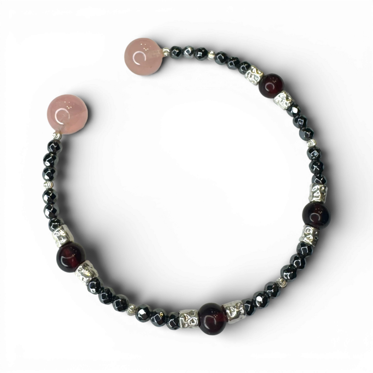 Bracelet en quartz rose, ambre cerise, hématite