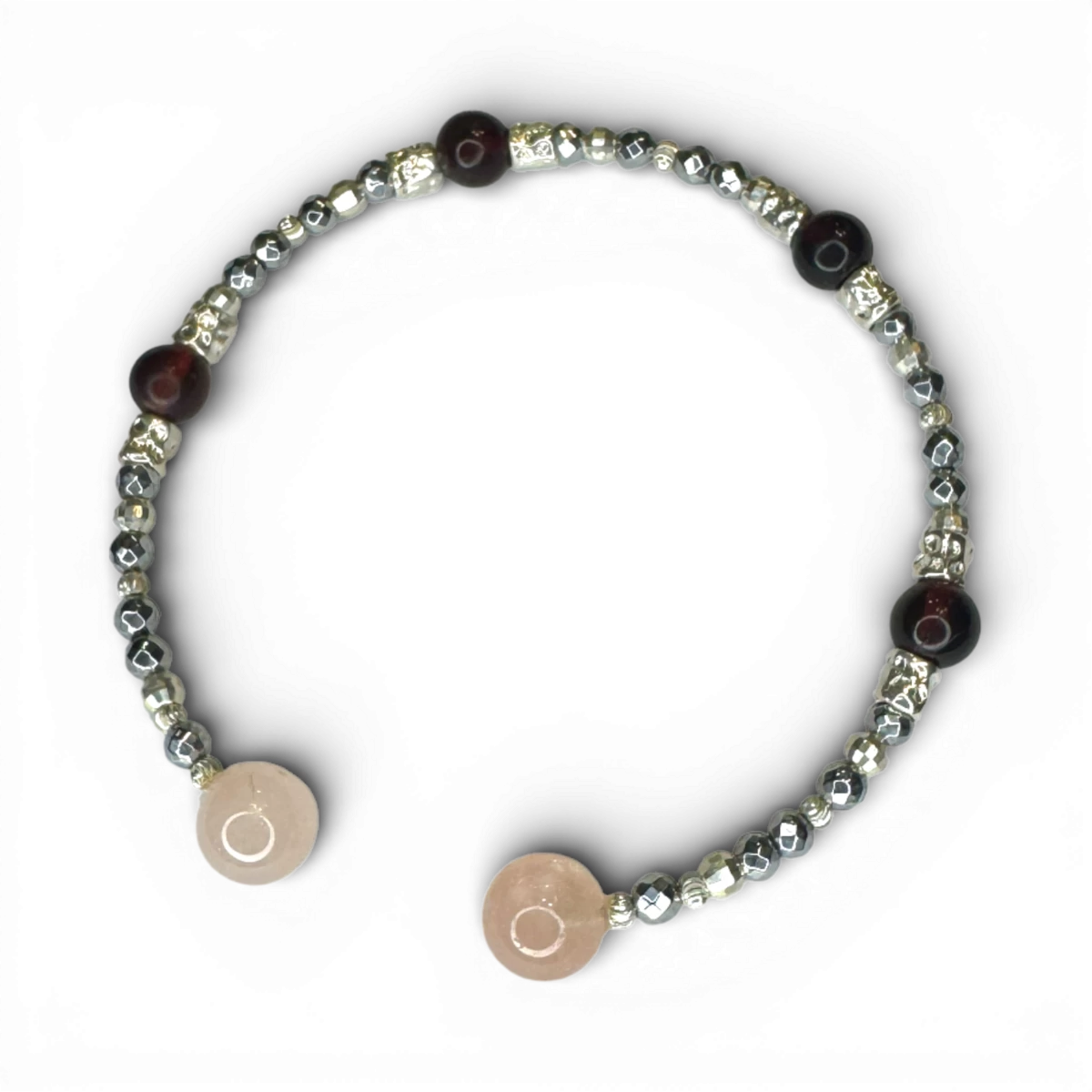 Рожевий кварц, бурштинова вишня, браслет з гематиту