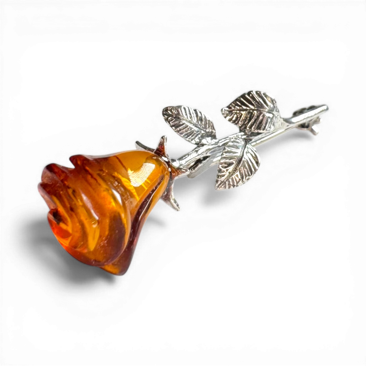 Silver Brooch with Cognac Amber Rose