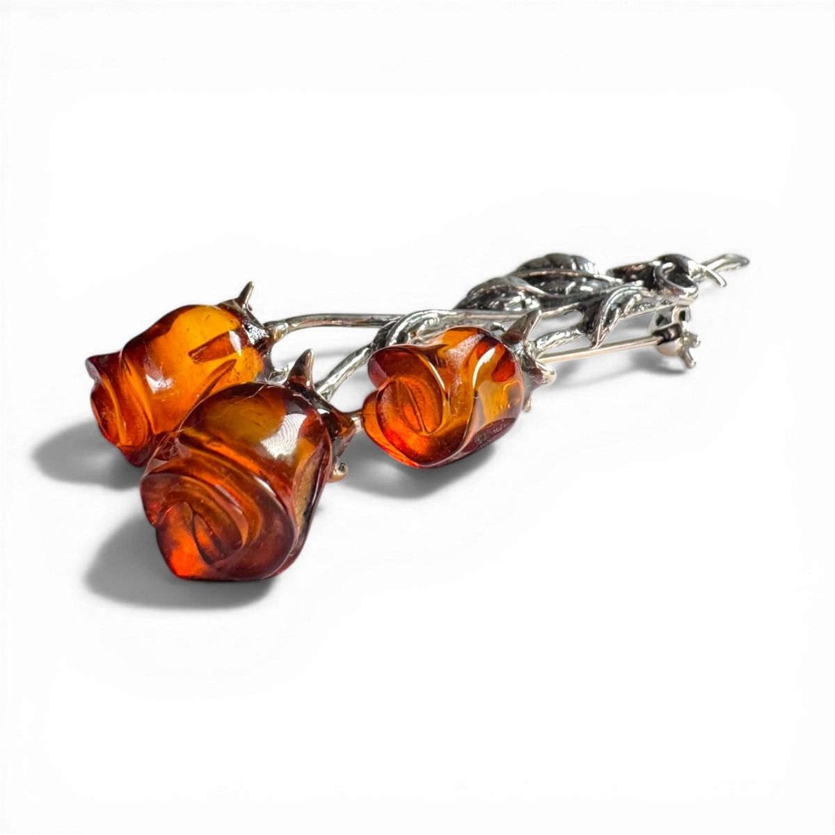Silver Brooch with Cognac Amber Roses