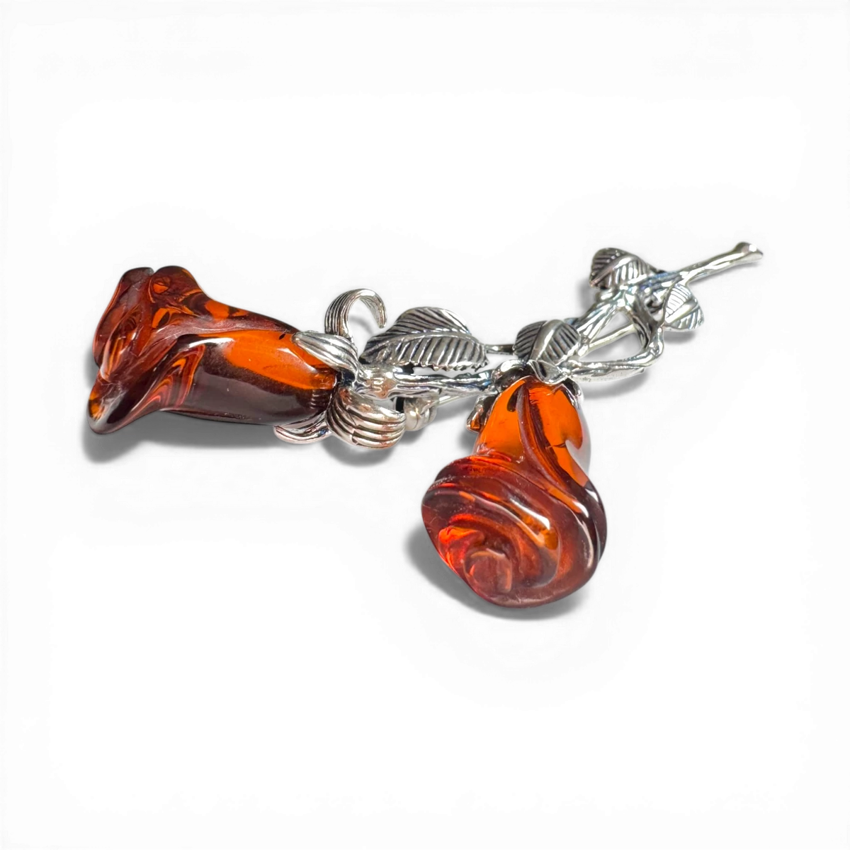 Silver Brooch with Cognac Amber Roses