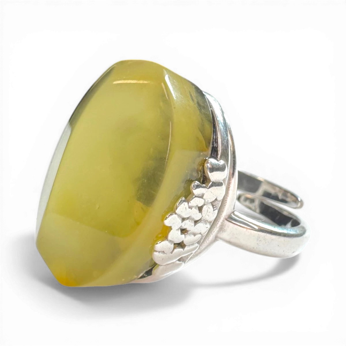 Silver Ring with Large Yellow Amber (Adjustable)