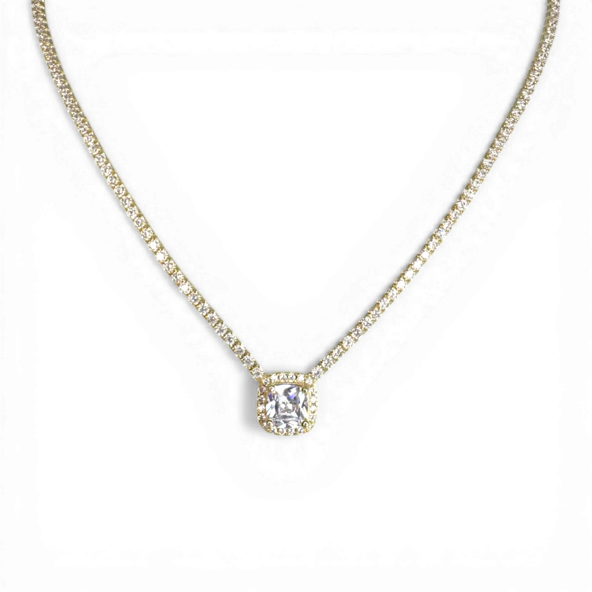 Tennis necklace with button pendant and white zircon