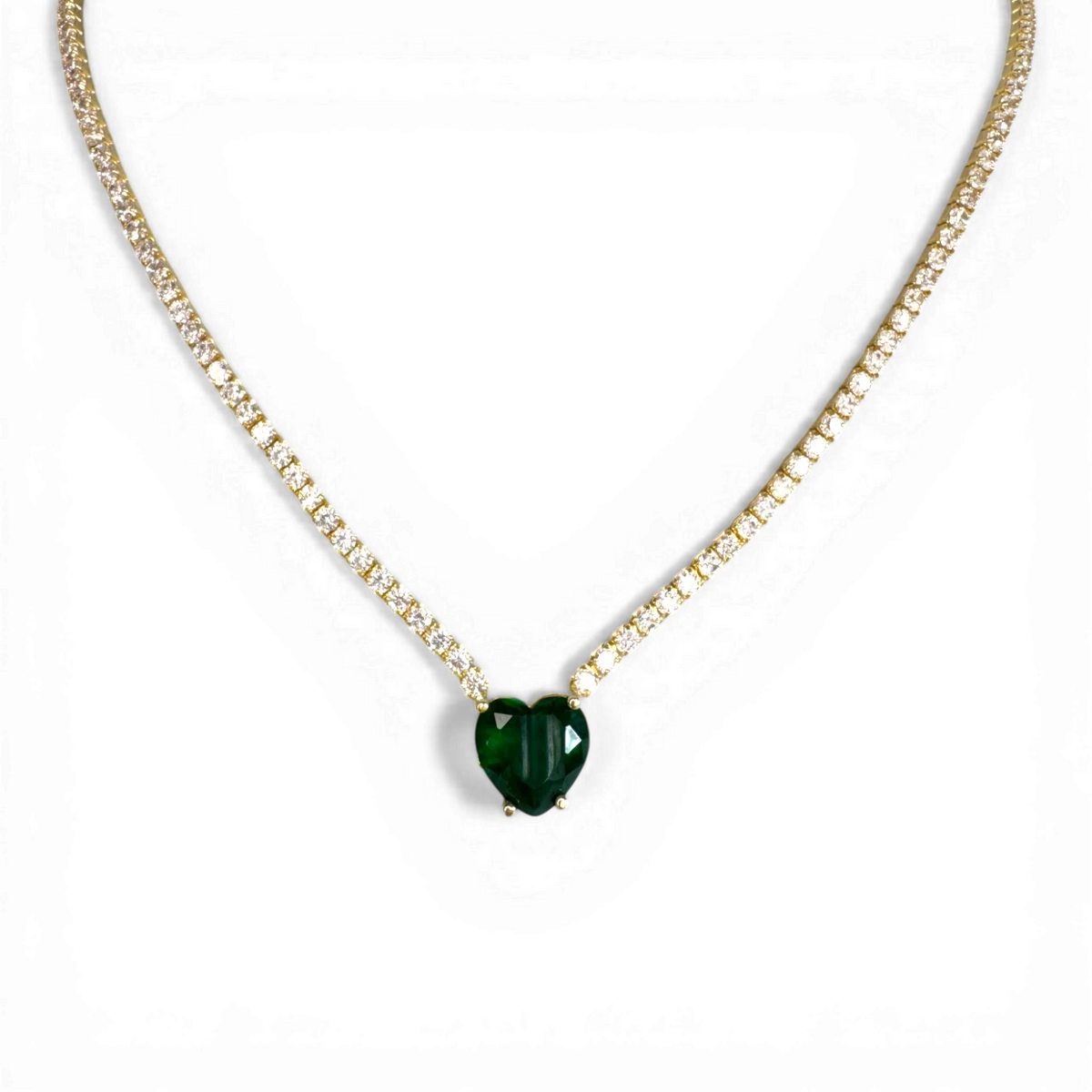Tennis necklace with white zircon and green cristal heart