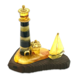 Amber souvenir on a wooden stand «Lighthouse and Ship»