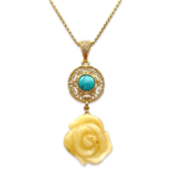 Gold plated necklace with amber rose and turquoise