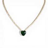 Tennis necklace with white zircon and green cristal heart