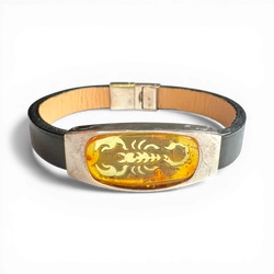 Black Leather Bracelet with Scorpion in Amber