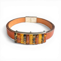 Brown Leather Bracelet with Multicolor Amber & Silver Clasp