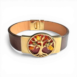 Brown Leather Bracelet with Tree of Life Amber Centerpiece