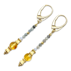 Gold-plated amber and beaded earrings