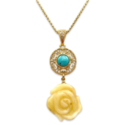 Gold plated necklace with amber rose and turquoise