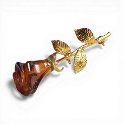 Gold-Plated Silver Brooch with Cognac Amber Rose