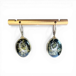 Gold-Plated Silver Earrings with Green Amber & Cat Design