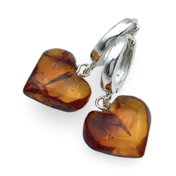 Silver amber earrings «Hearts»