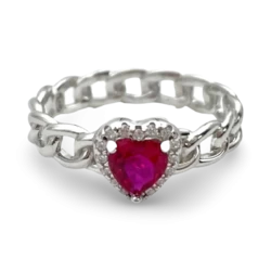 Anillo Trenzado de Plata Corazón con Circonita Roja