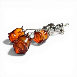Silver Brooch with Cognac Amber Roses