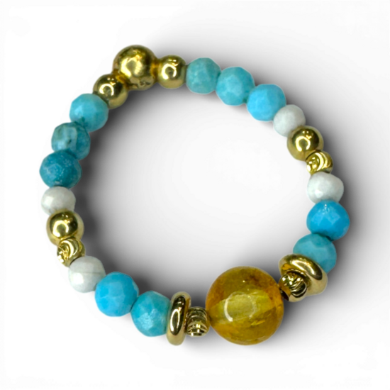 Amber lemon, howlite, turquoise ring