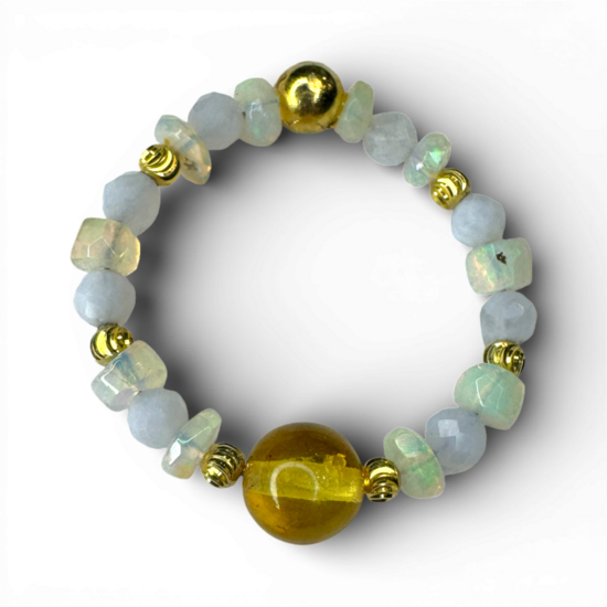 琥珀柠檬，蛋白石，蓝玛瑙戒指