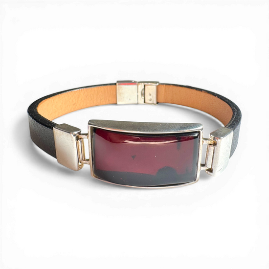 Black Leather Bracelet with Cherry Amber