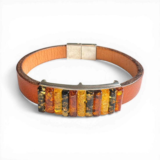 Brown Leather Bracelet with Multicolor Amber & Silver Clasp