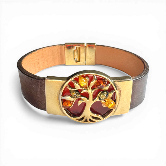 Brown Leather Bracelet with Tree of Life Amber Centerpiece
