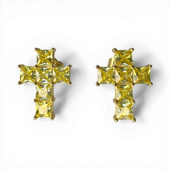十字形方形黄色锆石耳环