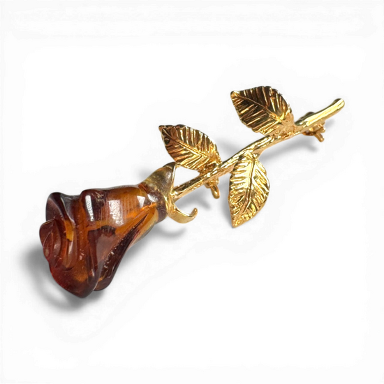 Gold-Plated Silver Brooch with Cognac Amber Rose